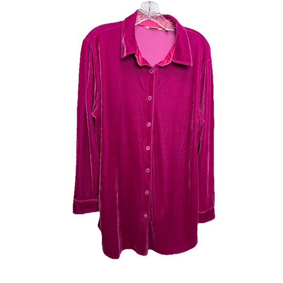 Soft Surroundings Shirt Womens L Crushed Velvet Pink Button Up Top Velour - Picture 1 of 7